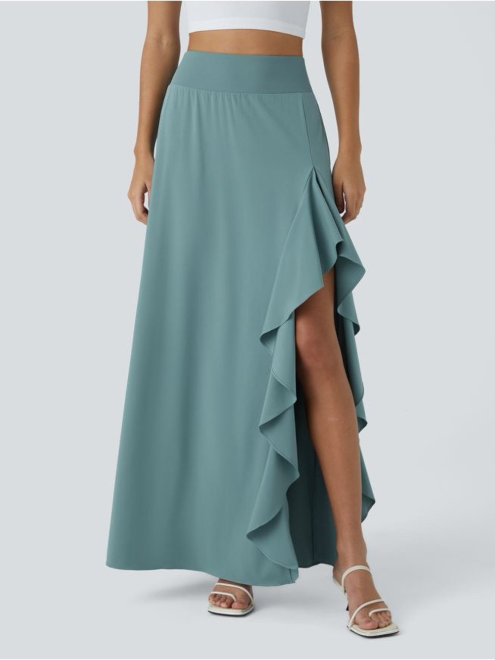 Halara Breezeful High Waisted Ruffle 2-in-1 Quick Dry Maxi Skirt in Stone Blue